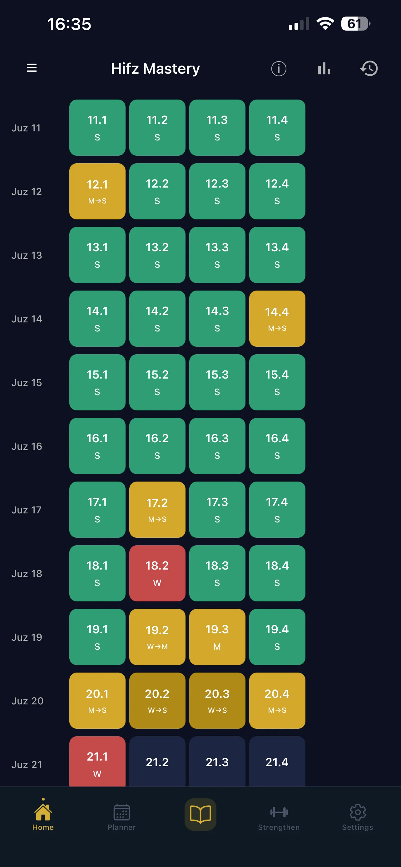 Hifz Mastery overview — colour-coded quarters showing weak, medium, and strong memorisation